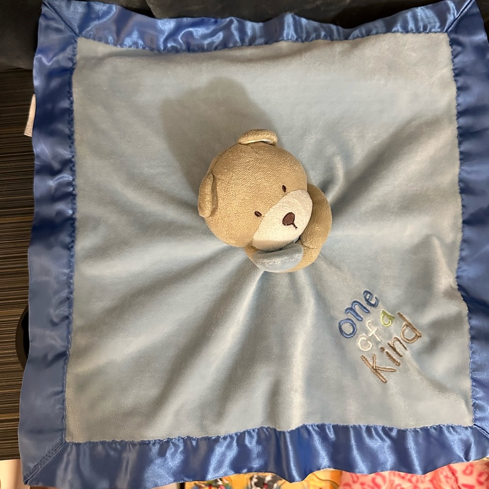 Carter’s One of a Kind Security Blanket Baby Lovey Blue Tan Teddy Bear Satin 17”
